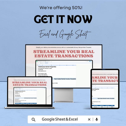 Real Estate Rental Invoice Template - Excel & Google Sheets - Customizable Invoice for Property Rentals