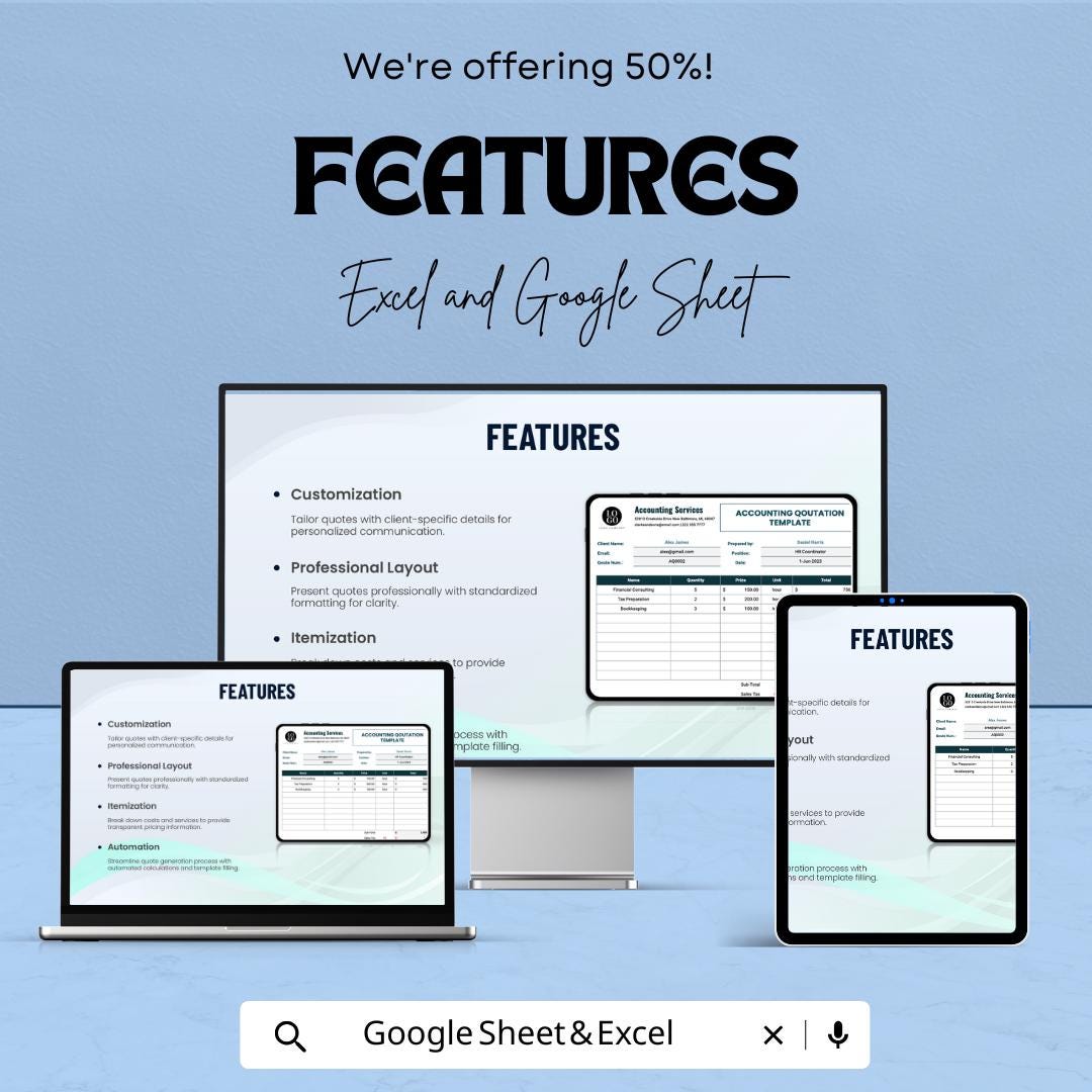 Accounting Quotation Sheet - Professional | Google Sheets Template - Customizable & Easy-to-Use - Invoice Generator for Financial Services