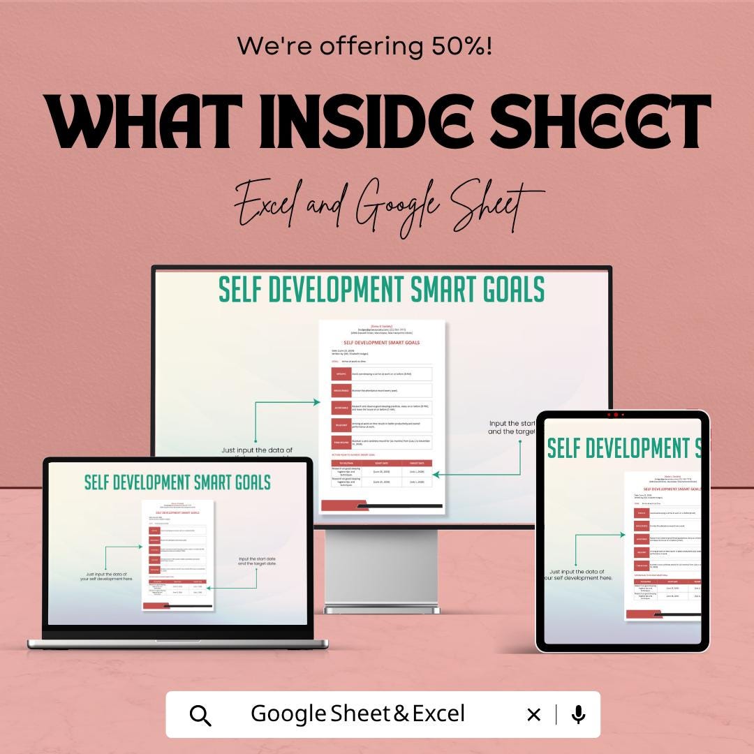 SMART Goals Template Excel & Google Sheets | Self Development Planner | Goal Setting Worksheet | Productivity Tracker | Personal Growth