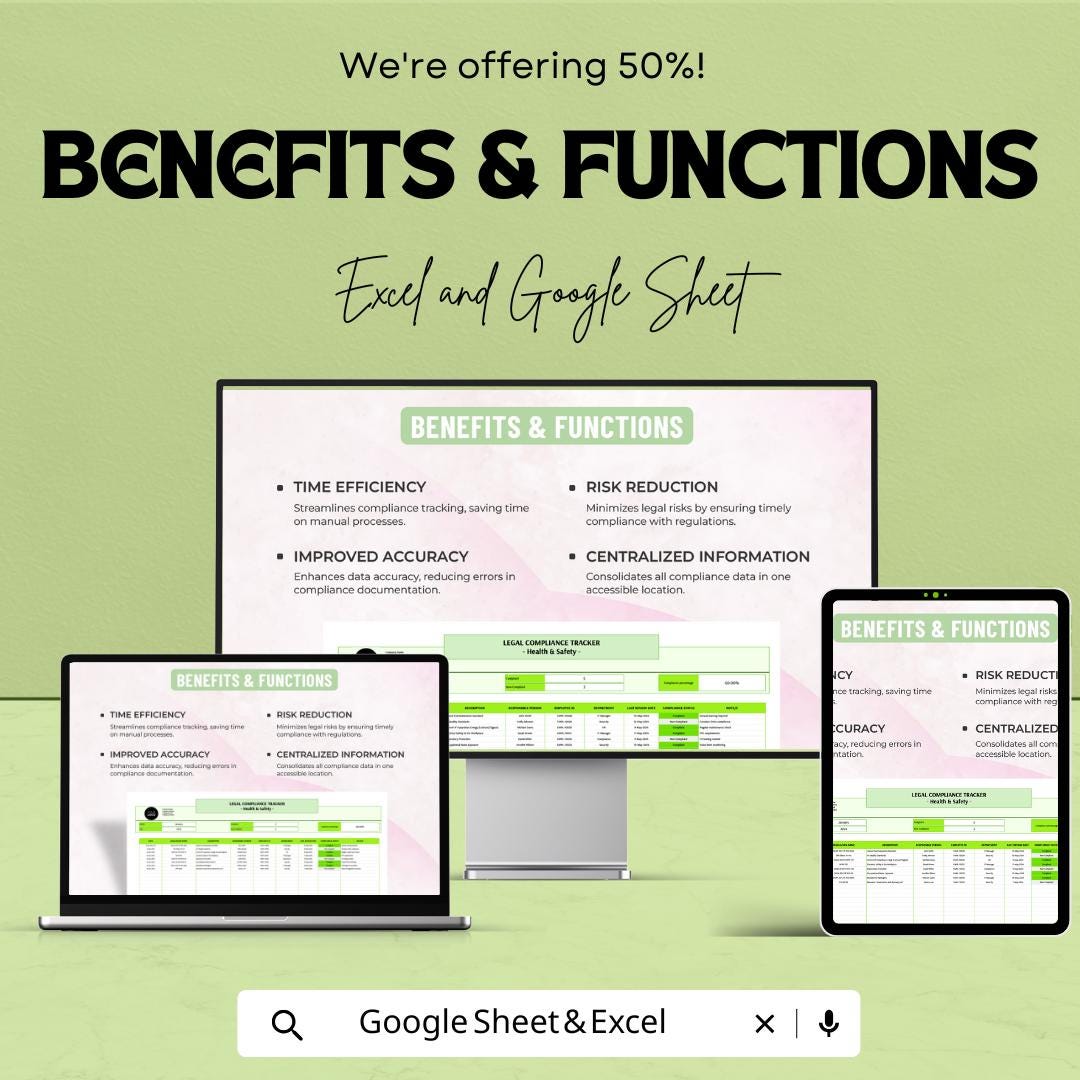 Health & Safety Legal Compliance Tracker Template | Excel and Google Sheets | HSE Compliance Tracker | Safety Regulation Log