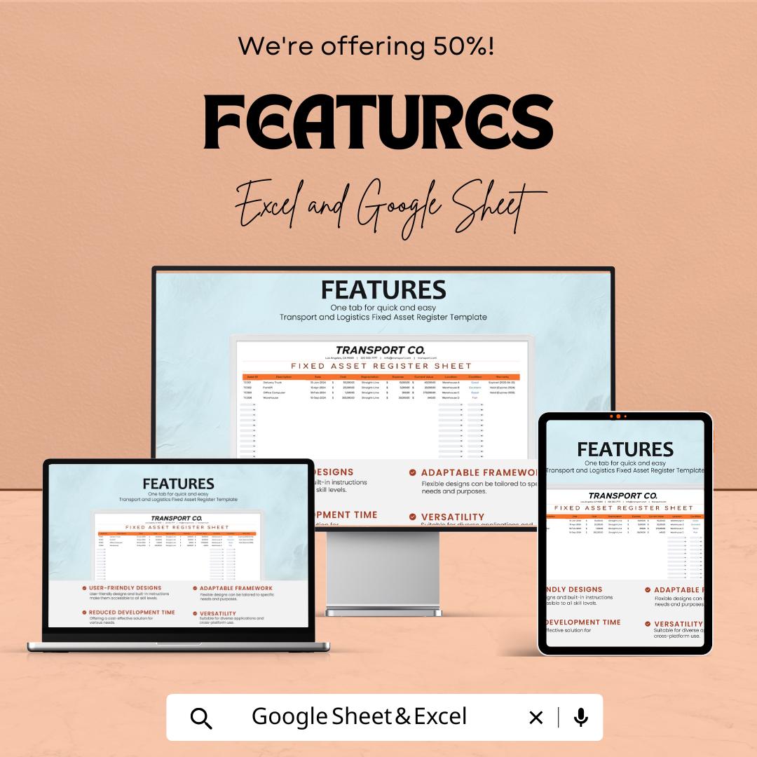 Transport and Logistics Fixed Asset Register Template | Asset Tracking Spreadsheet | Fleet and Equipment Register | Excel and Google Sheets