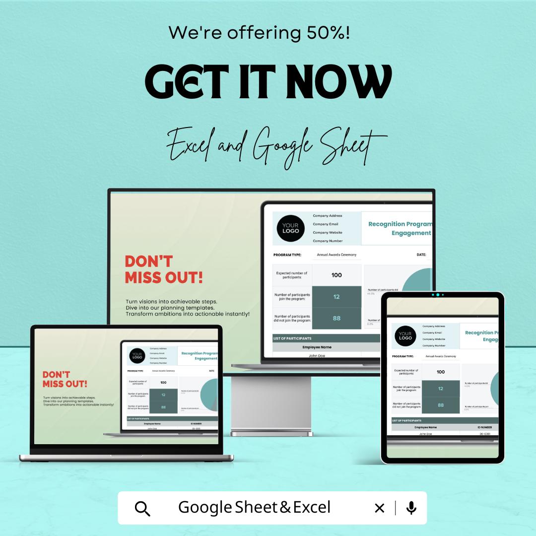 Recognition Program Participation & Engagement Tracker | HR Template for Excel and Google Sheets | Employee Engagement Dashboard