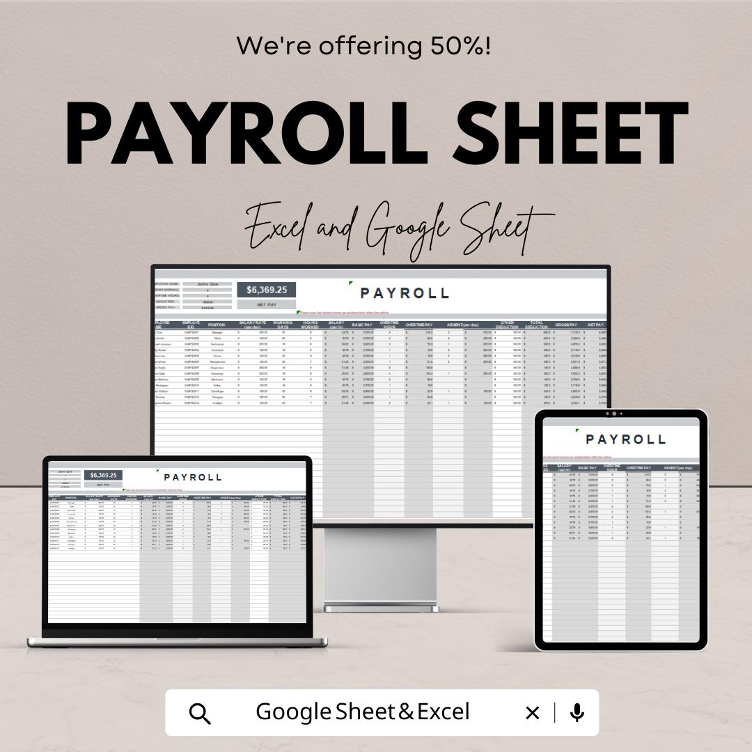 Payroll Sheet - Professional Payroll Template - Google Sheets - 50% OFF - Easy Wage Calculation & Tax Handling for Small Businesses