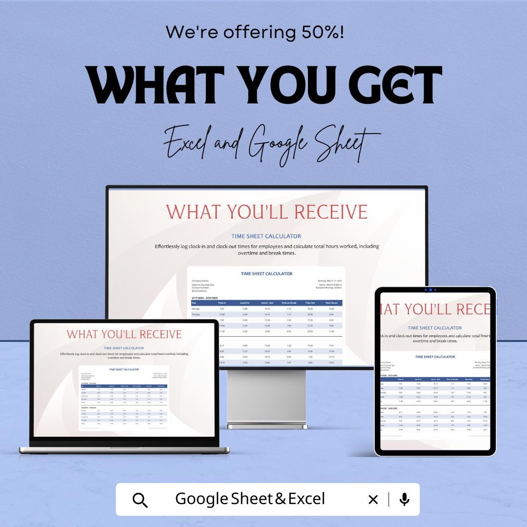 Time Sheet Calculator - Excel & Google Sheets Template | Employee Time Tracking, Payroll, Overtime, and Break Hours Calculation
