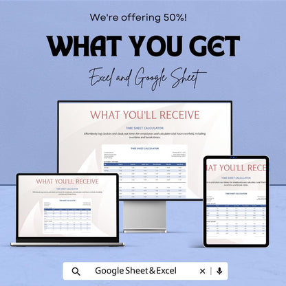 Time Sheet Calculator - Excel & Google Sheets Template | Employee Time Tracking, Payroll, Overtime, and Break Hours Calculation