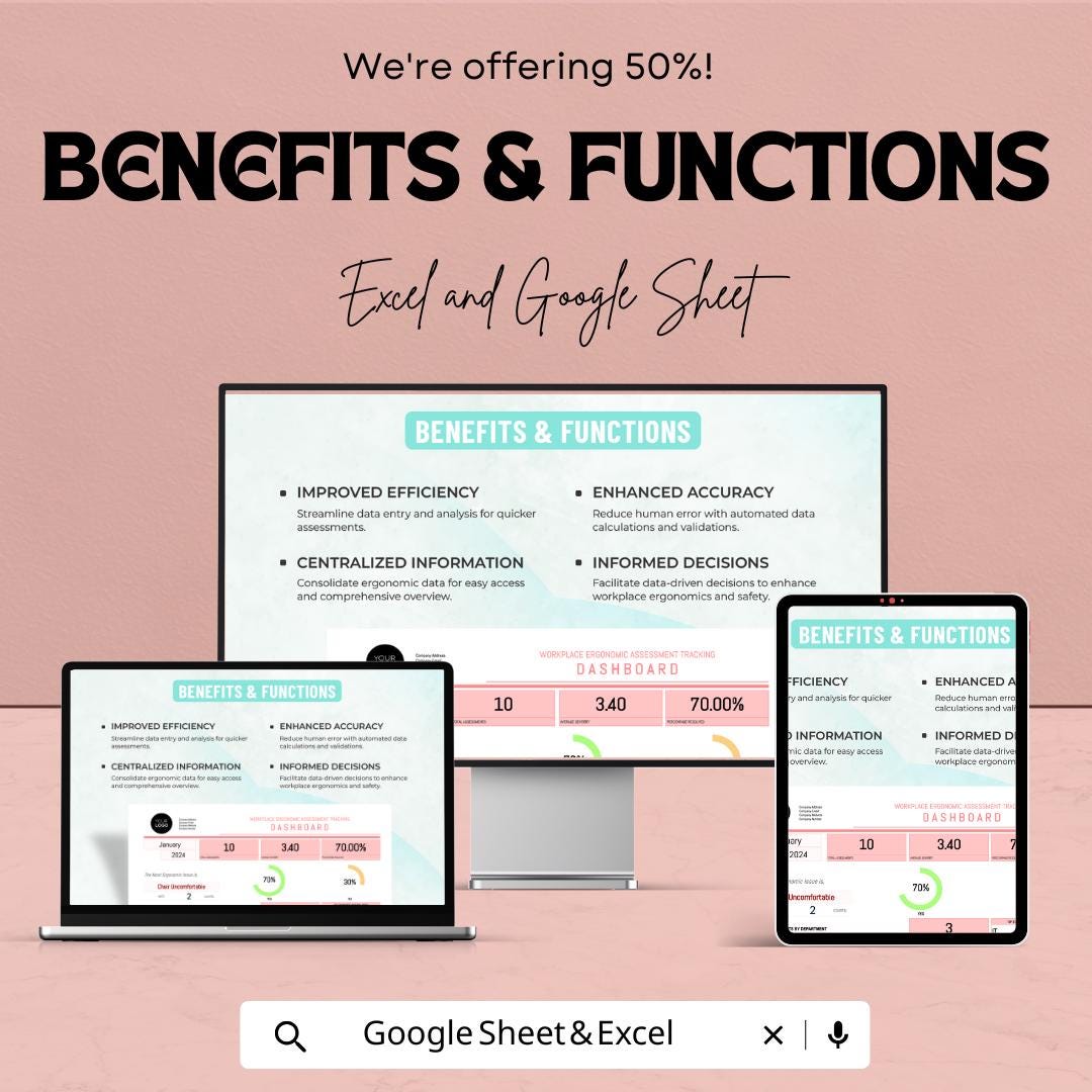 Workplace Ergonomics Assessment Tracking Dashboard | Google Sheet Template | Employee Comfort & Productivity Tracker | 50% Off!