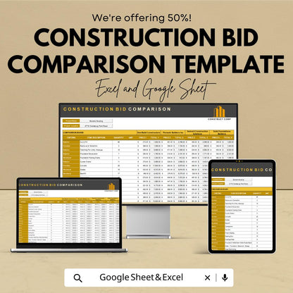 Construction Bid Comparison Template | Contractor Estimate Sheet | Project Cost Analysis | Construction Budget Tool