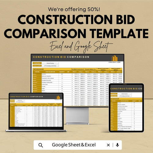 Construction Bid Comparison Template | Contractor Estimate Sheet | Project Cost Analysis | Construction Budget Tool