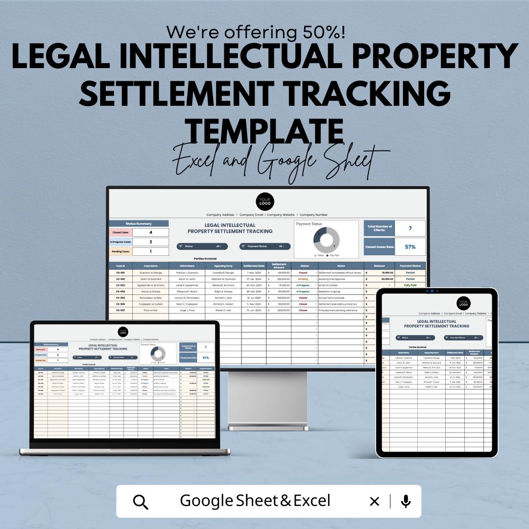 IP Settlement Tracker Template, Legal Case Settlement Log, Intellectual Property Payment Tracker, Legal Settlement Spreadsheet