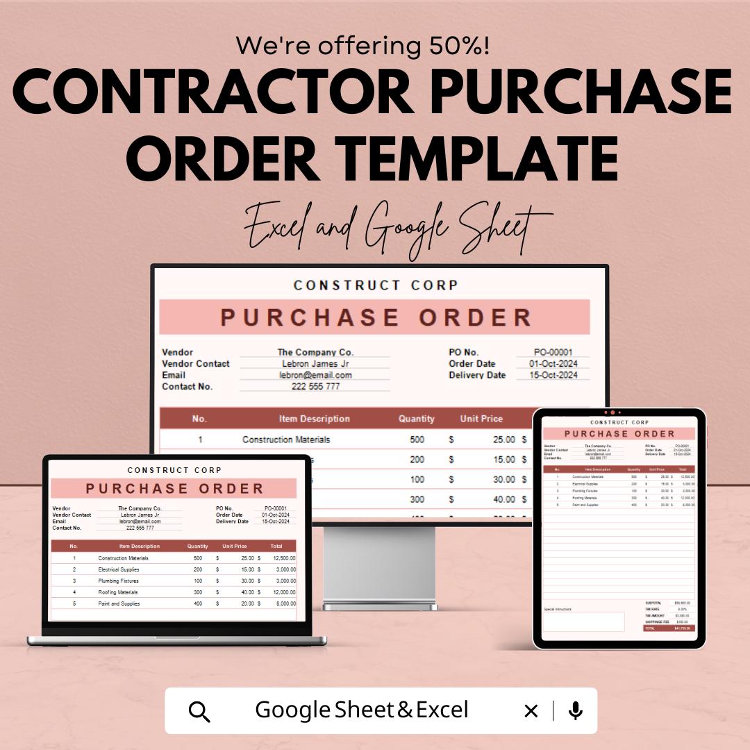 Contractor Purchase Order Template | Construction Purchase Order Form | Business Expense Tracker | Editable Order Sheet
