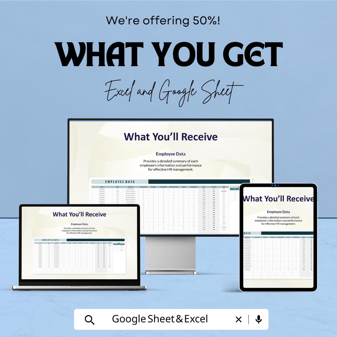 HR Dashboard | Excel and Google Sheets Template for Employee Data & Performance Tracking | Workforce Analytics and HR Management Tool