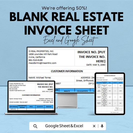 Blank Real Estate Invoice Sheet | Excel & Google Sheets Template | Customizable Real Estate Invoice | Instant Download |