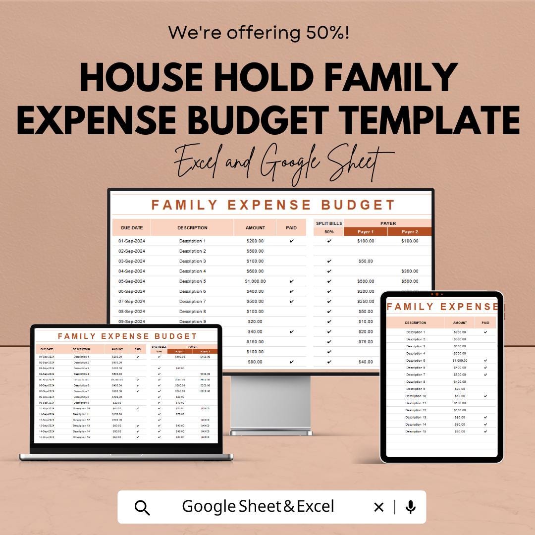 Household Family Expense Budget Template | Monthly Budget Planner | Family Finance Tracker | Expense Spreadsheet