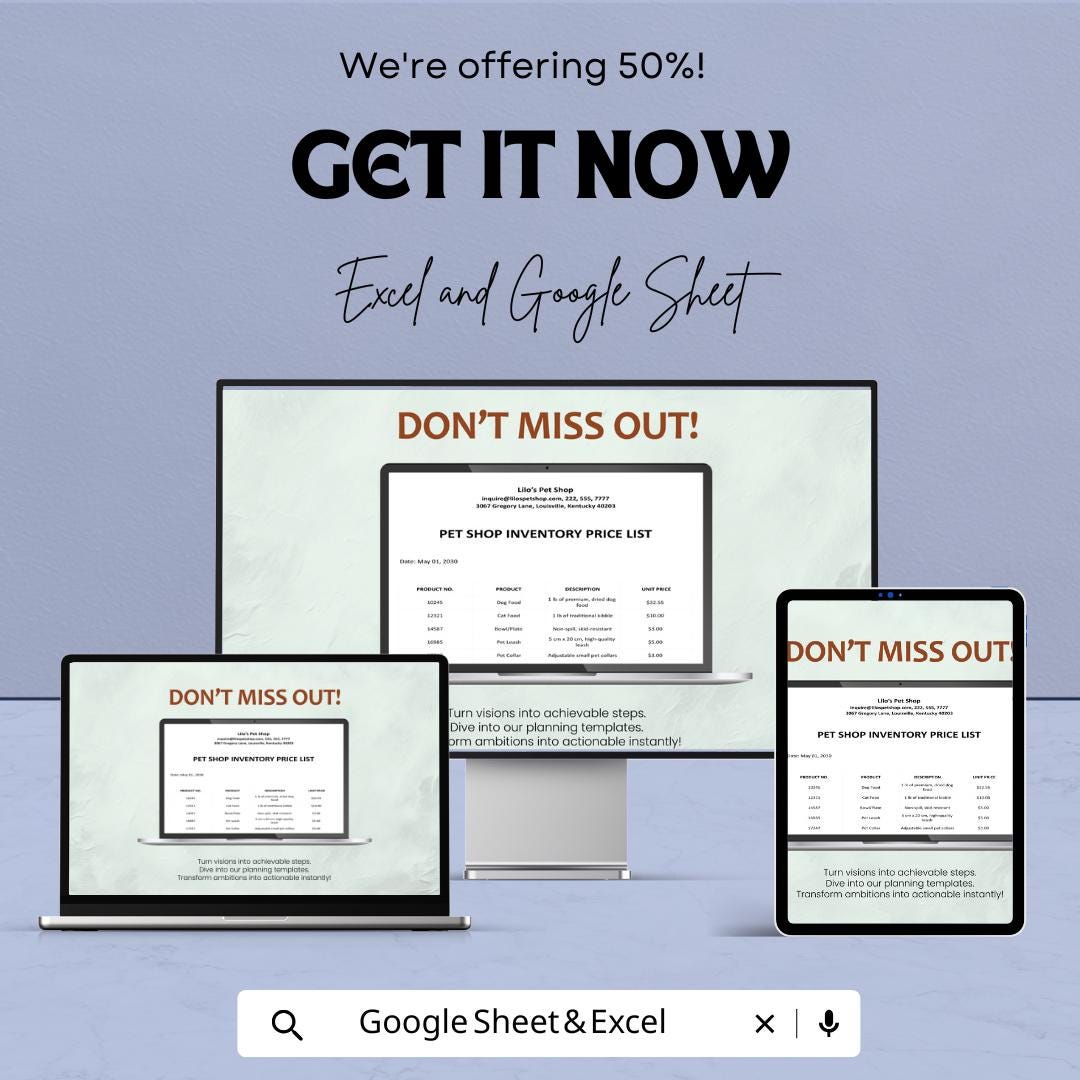 Inventory Price List Template | Product Price Sheet | Business Pricing List | Excel & Google Sheets | Editable Inventory Spreadsheet