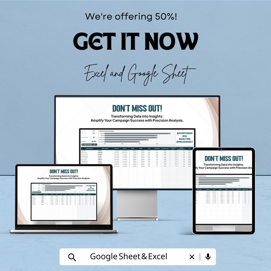 Advertising ROI Analysis Spreadsheet Template, Marketing Performance Dashboard, Ad Spend Tracker, Campaign ROI Calculator