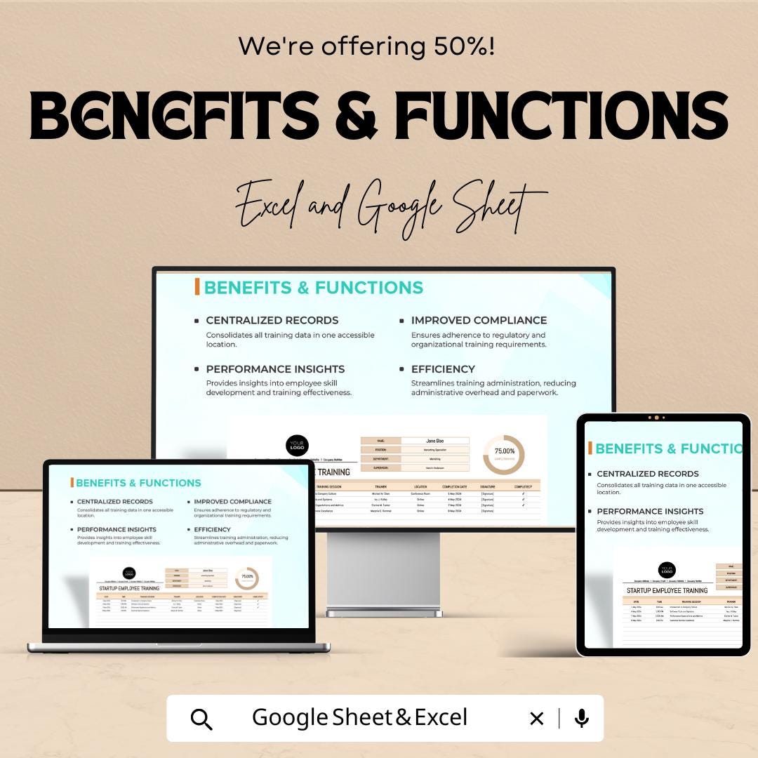 Startup Employee Training Log Template | Excel & Google Sheets | Employee Training Tracker | HR Training Record | Staff Training Log