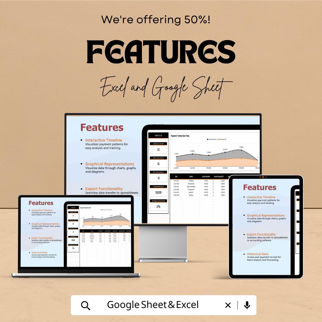 Finance Invoice Payment Timeline Analysis Template,  Accounts Payable Tracker, Cash Flow Analysis, Invoice Tracking Tool