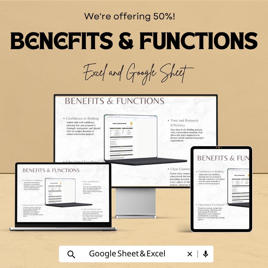 School Construction Bid Template | Construction Bid Spreadsheet | Contractor Proposal Template | Excel & Google Sheets |