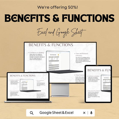 School Construction Bid Template | Construction Bid Spreadsheet | Contractor Proposal Template | Excel & Google Sheets |