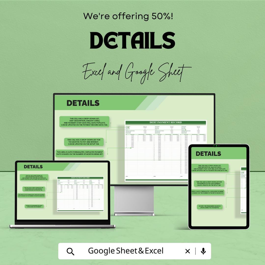 Debt Payment Record Template | Excel & Google Sheets Debt Tracker | Loan Payment Log Spreadsheet | Personal Finance Organizer