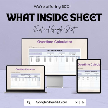 Overtime Calculator Sheet | Excel & Google Sheet Template | Payroll Management Tool | Time Tracker | Employee Overtime Tracker