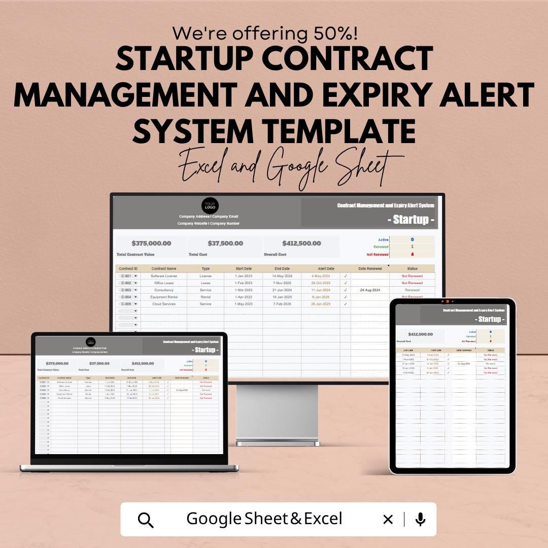 Startup Contract Management Template | Contract Tracker Spreadsheet | Expiry Alert System | Contract Management System |