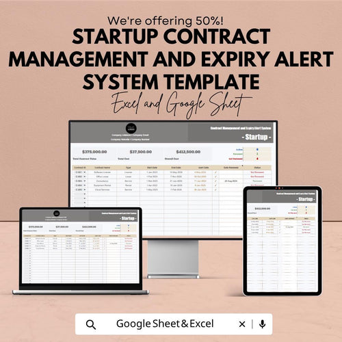 Startup Contract Management Template | Contract Tracker Spreadsheet | Expiry Alert System | Contract Management System |