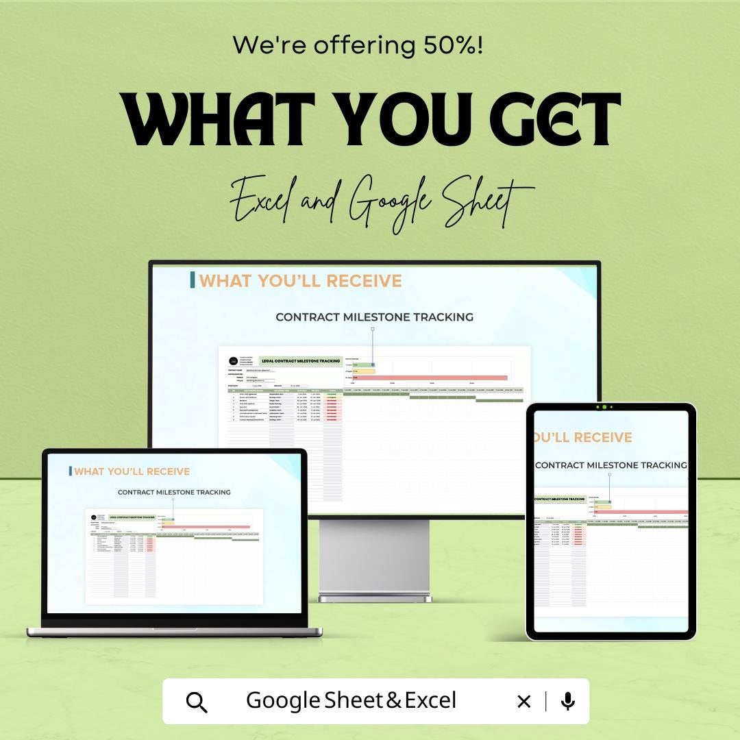 Legal Contract Milestones Tracking Template | Contract Timeline and Deadline Tracker | Excel & Google Sheets