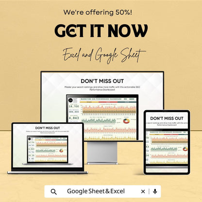Marketing SEO Performance Dashboard | SEO Dashboard Excel & Google Sheet | SEO Tracking Template | Marketing Metrics Tracker |