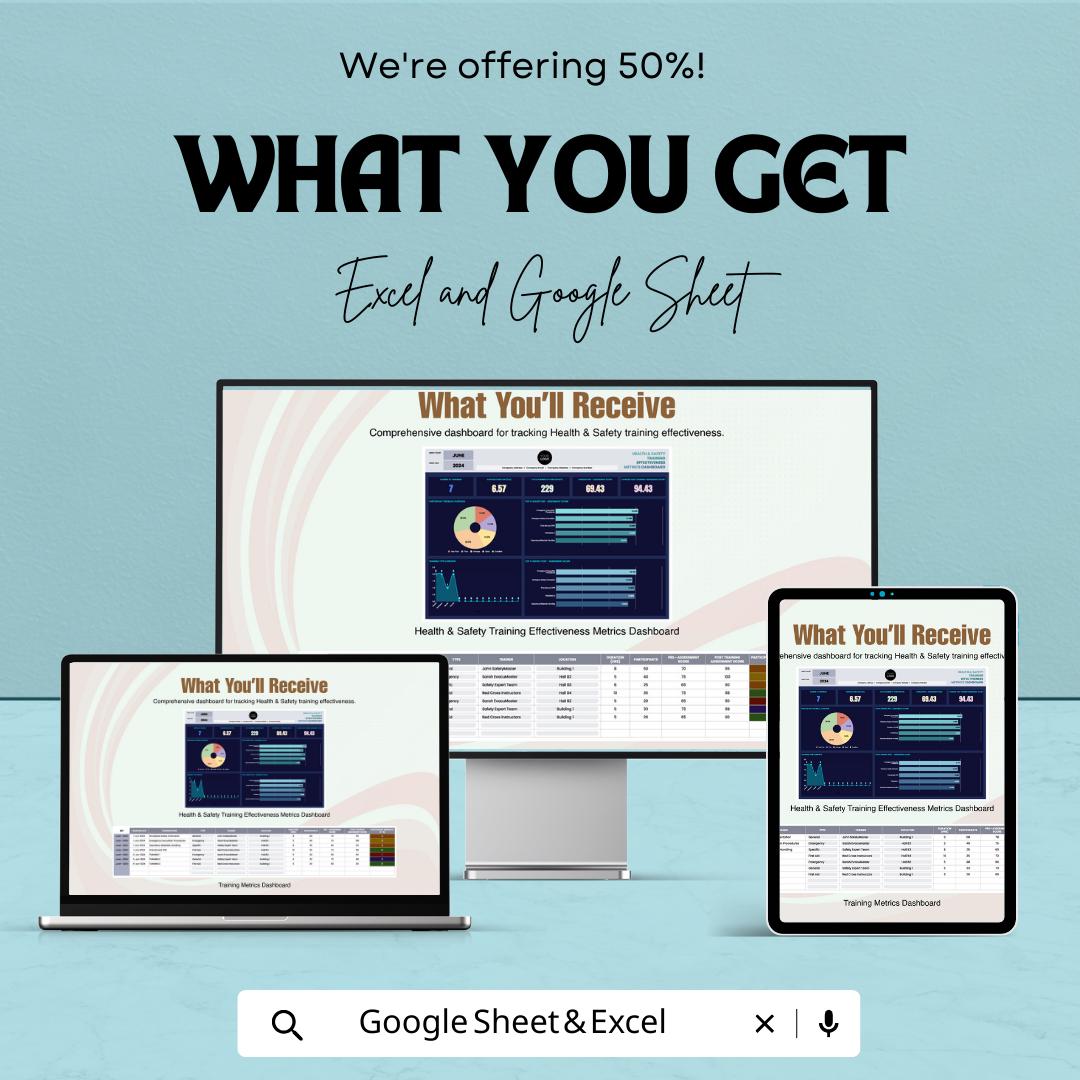 Health & Safety Training Effectiveness Metrics Dashboard Template | Excel and Google Sheets |Safety KPI Dashboard | Training Analysis Report