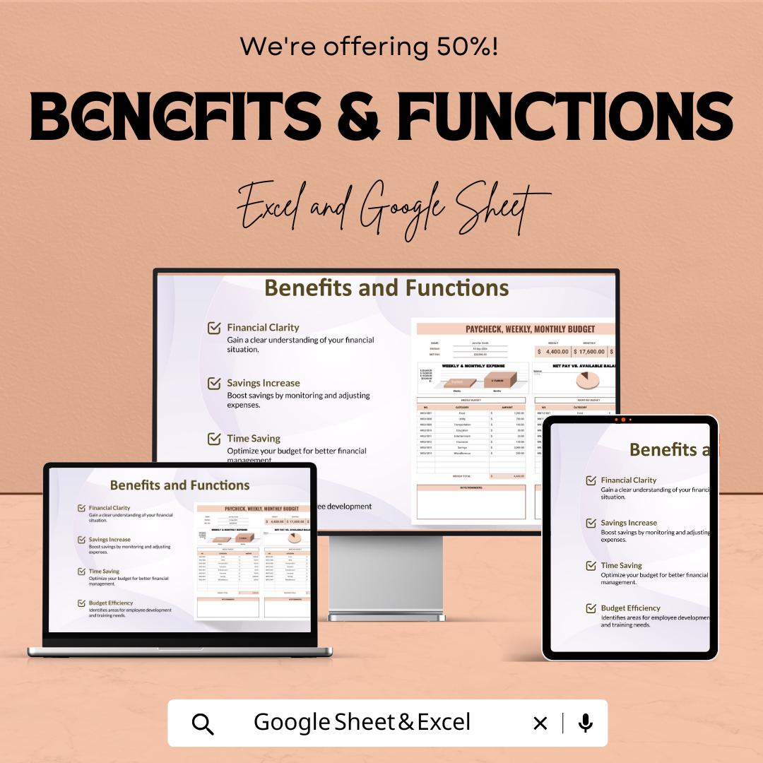 Paycheck, Weekly, Monthly Budget Spreadsheet | Excel and Google Sheets | Personal Finance Tracker | Expense & Income Organizer