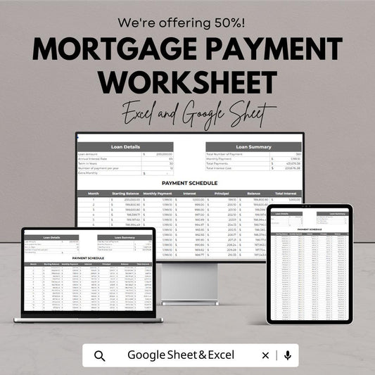 Mortgage Payment Worksheet | Loan Amortization Schedule Template | Home Loan Calculator Spreadsheet | Excel & Google Sheets