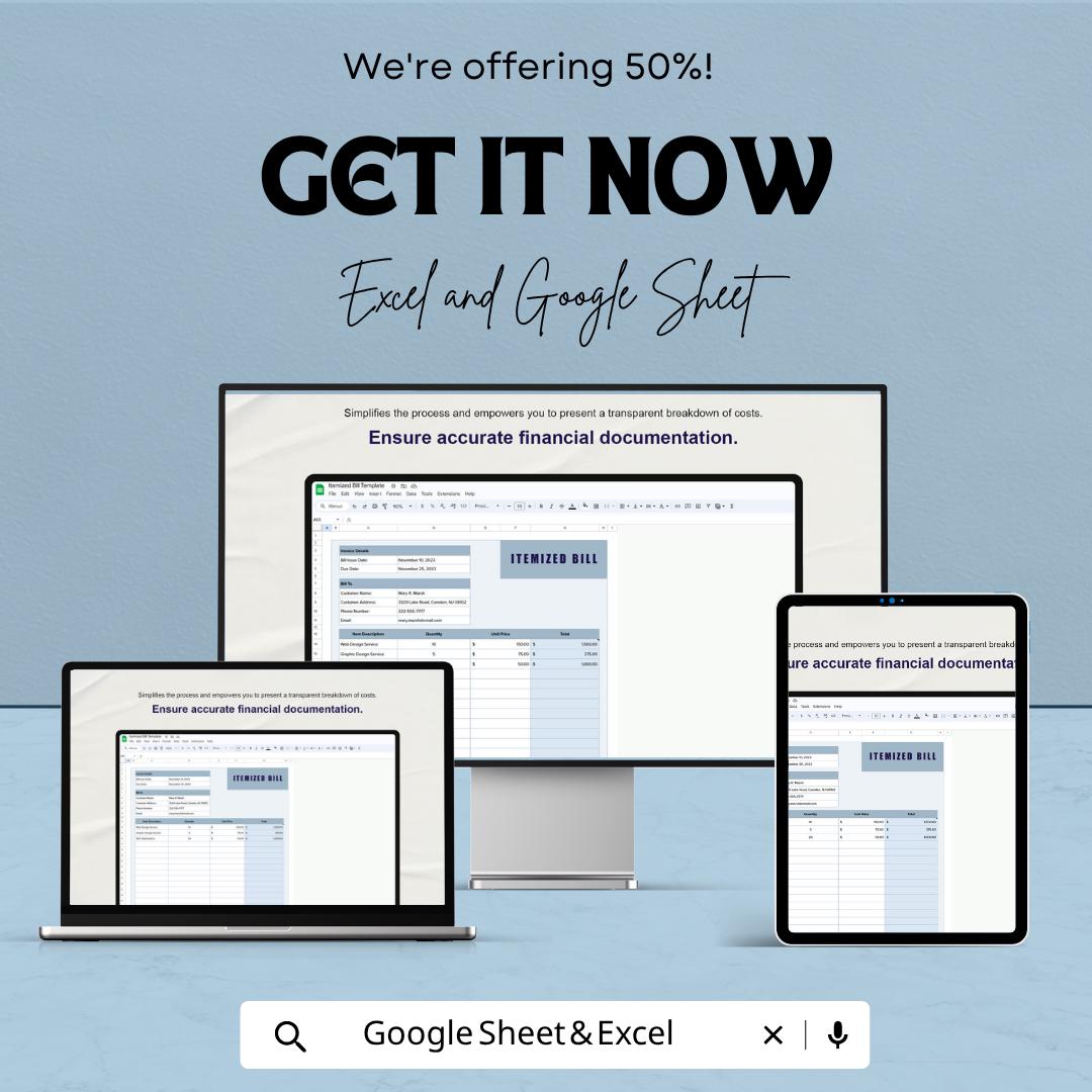 Itemized Bill Template Excel Google Sheets | Invoice Template Spreadsheet | Billing Tracker | Business Invoice Template | Digital Bill