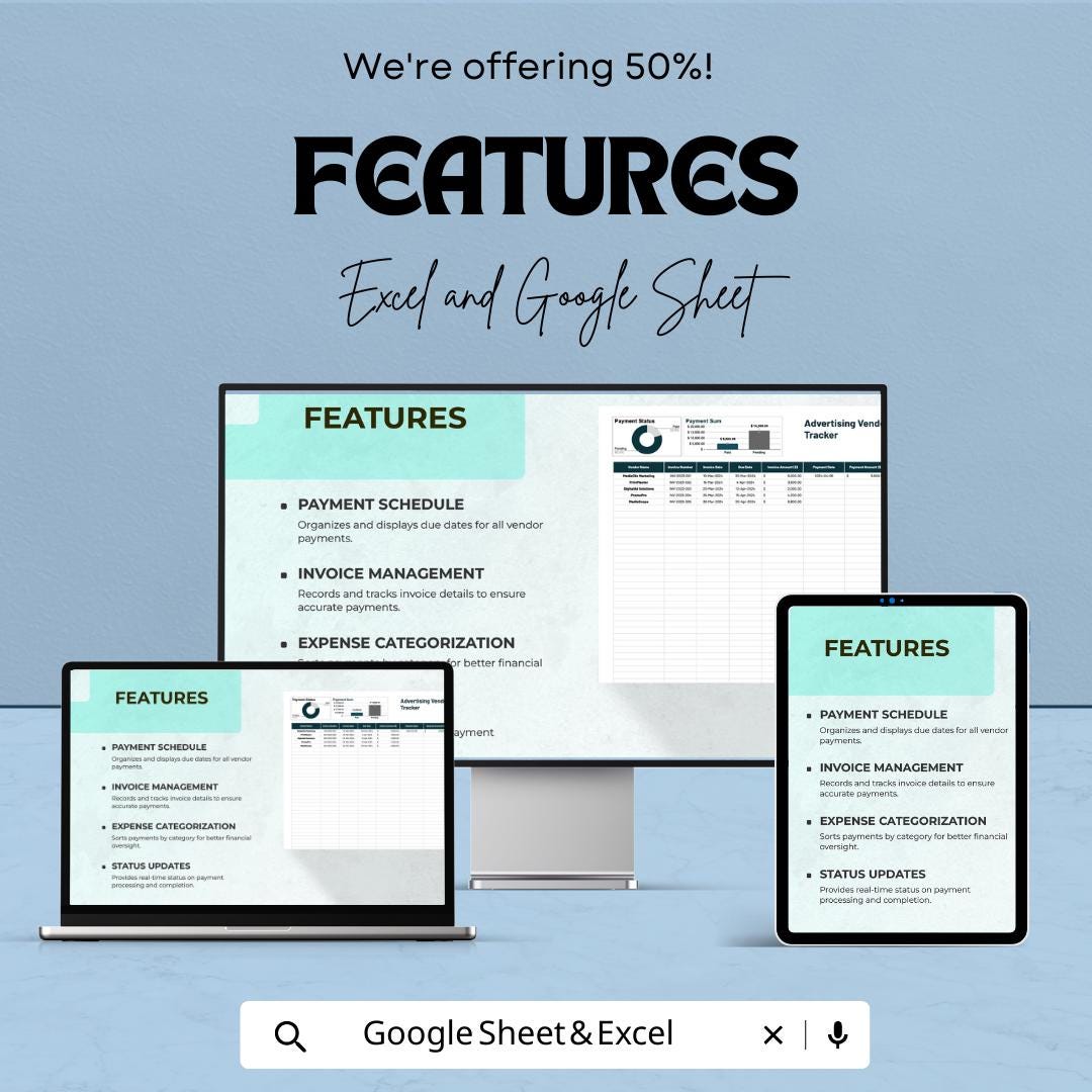 Advertising Vendor Payment Tracker Template, Marketing Expense Spreadsheet, Invoice & Payment Log, ROI Budget Tracker