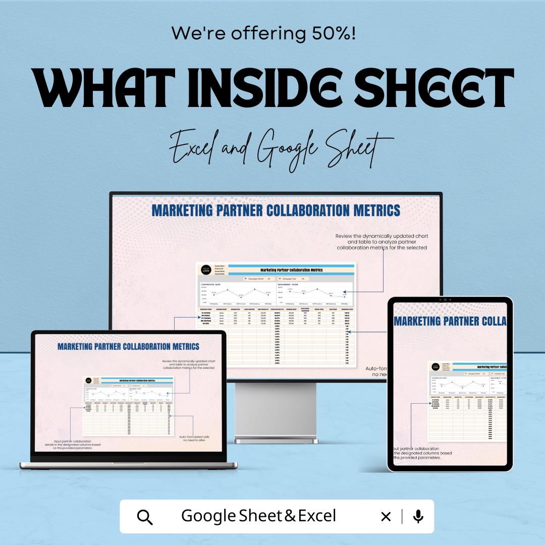 Marketing Partner Collaboration Metrics Sheet | Excel & Google Sheet | 50% OFF | Performance Tracking and Goal Setting Template