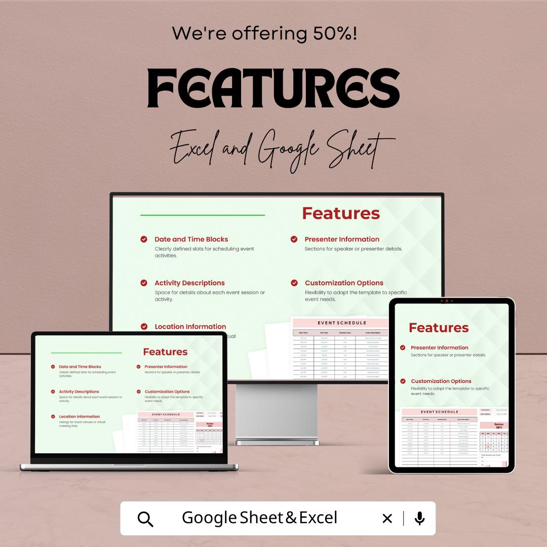 Event Schedule Template | Event Timeline Spreadsheet | Daily Event Planner Sheet | Excel & Google Sheets | Conference Agenda Planner