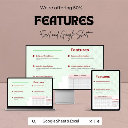 Event Schedule Template | Event Timeline Spreadsheet | Daily Event Planner Sheet | Excel & Google Sheets | Conference Agenda Planner