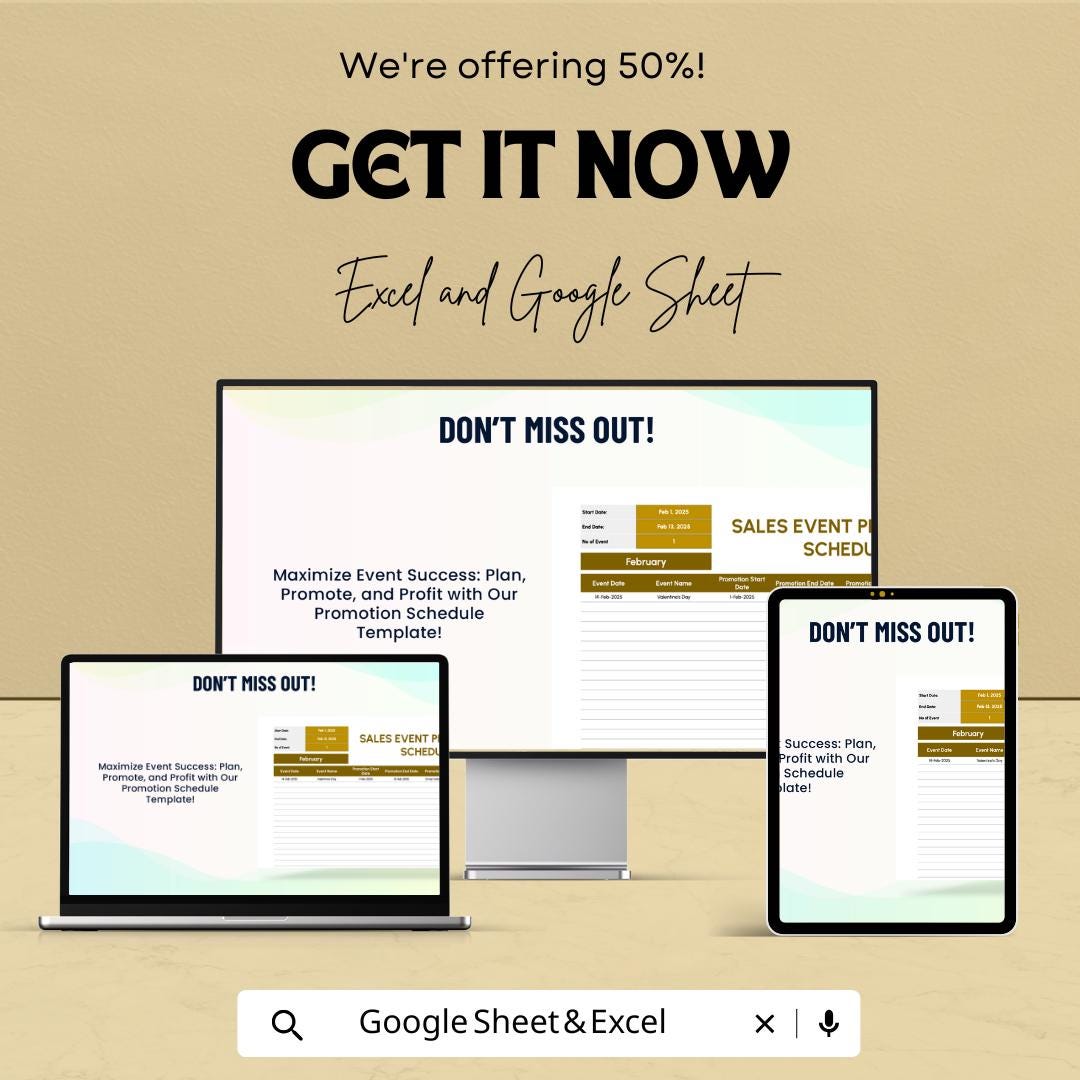 Sales Event Promotion Schedule Template | Marketing Campaign Planner | Event Promotion Calendar | Excel & Google Sheets
