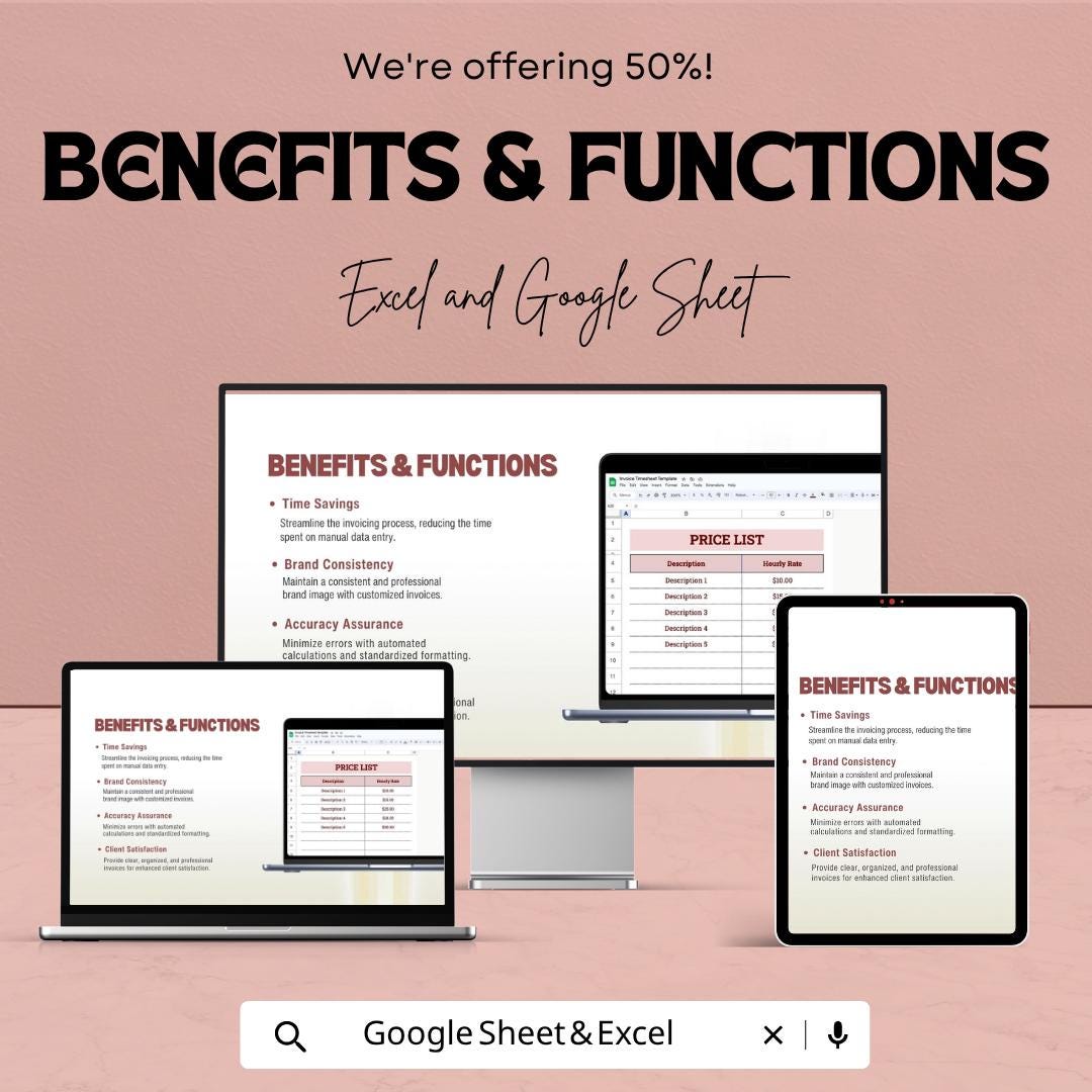 Invoice Timesheet Template | Freelancer Invoice Tracker | Work Hours Log Sheet | Billing Timesheet Sheet | Service Invoice Template