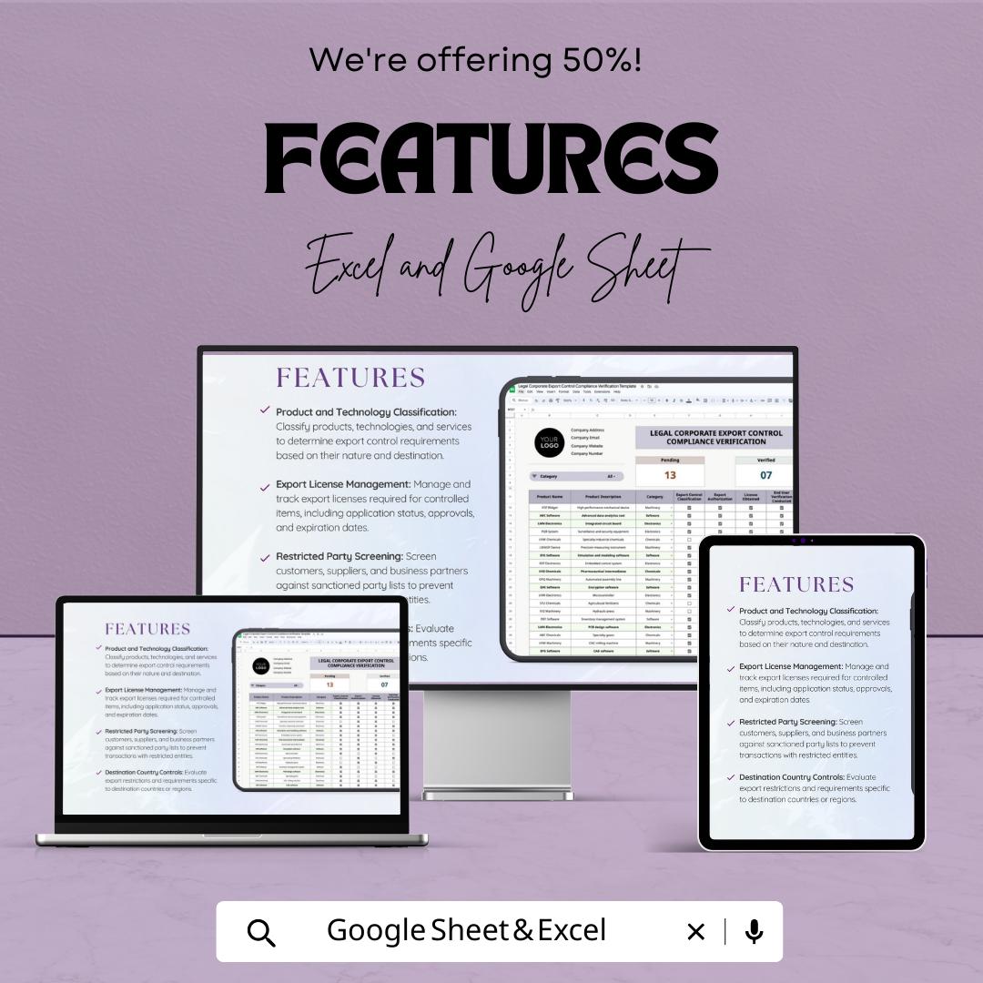 Export Control Compliance Template, Corporate Compliance Tracker, Legal Verification Spreadsheet, Trade Compliance Log