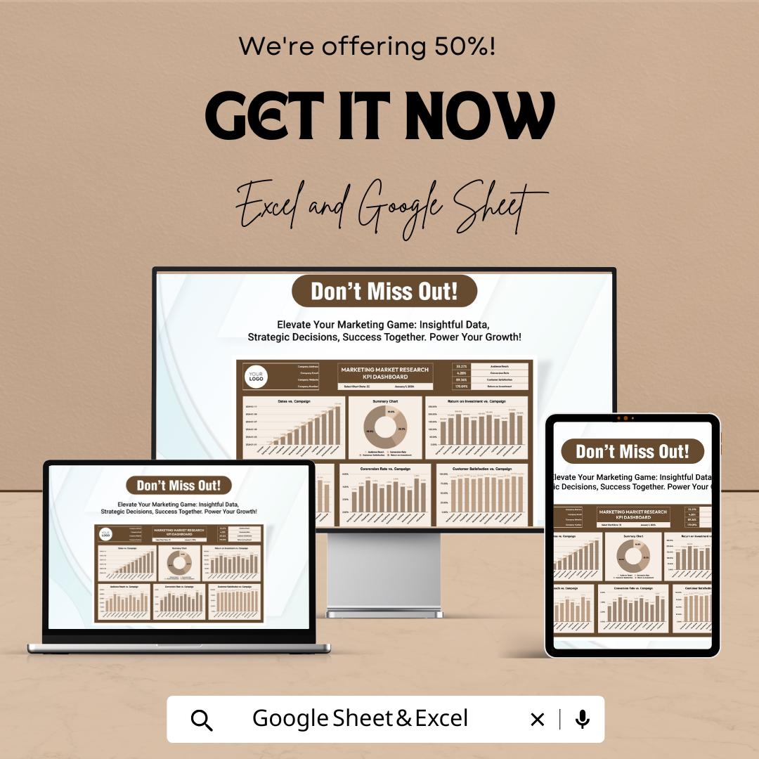 Marketing KPI Dashboard | Google Sheet & Excel Template | Market Research KPI | Campaign Tracker | Digital Marketing Metrics