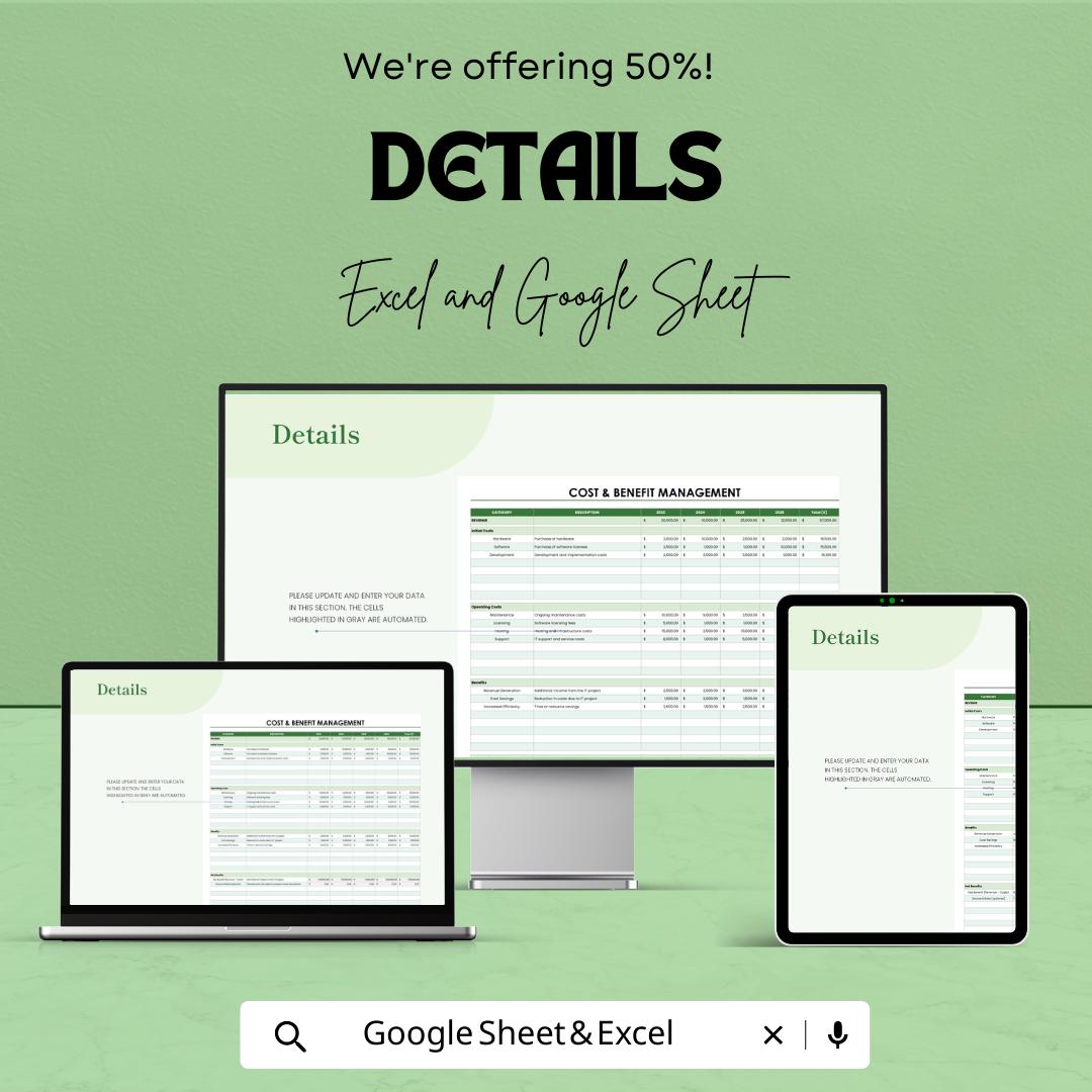 IT Cost Benefit Analysis Template, ROI Calculator, IT Budget Planner, Cost Analysis Spreadsheet, Financial Planning Tool