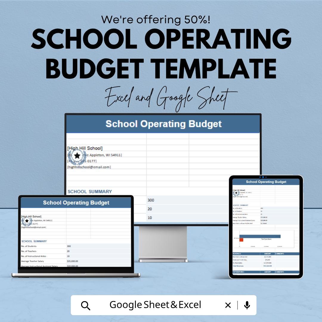 School Operating Budget Template | School Finance Tracker | Education Budget Spreadsheet | Annual School Expense Planner