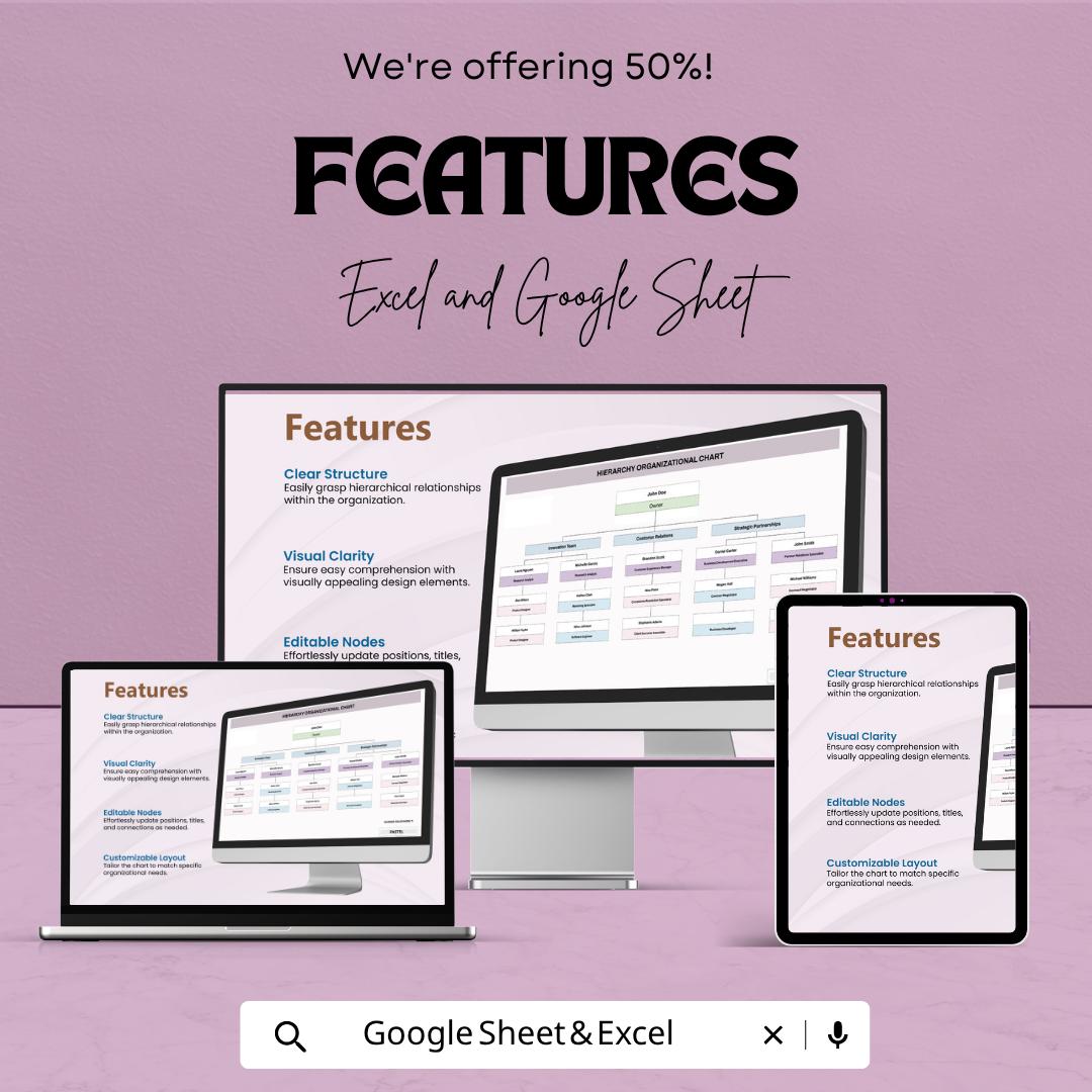 Hierarchy Organizational Chart Template | Org Chart Template Spreadsheet | Company Structure Chart | Team Hierarchy Diagram |