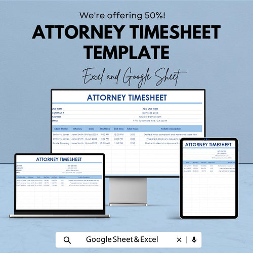 Attorney Timesheet Template | Legal Timesheet Spreadsheet | Lawyer Billing Tracker | Billable Hours Tracking Sheet
