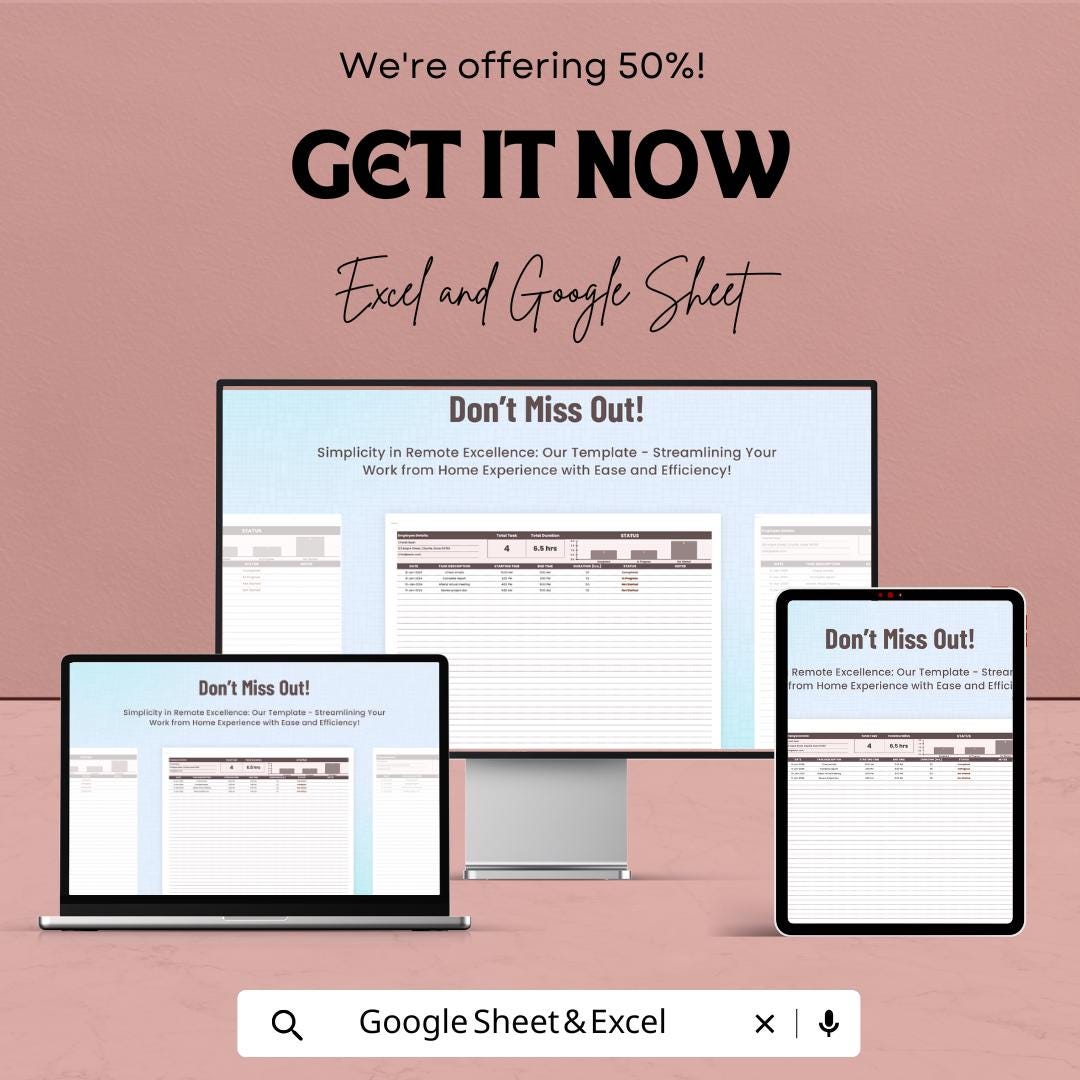 Simple Work from Home Sheet - Excel & Google Sheets Template | Work Tracker for Remote Jobs | Customizable Task Manager