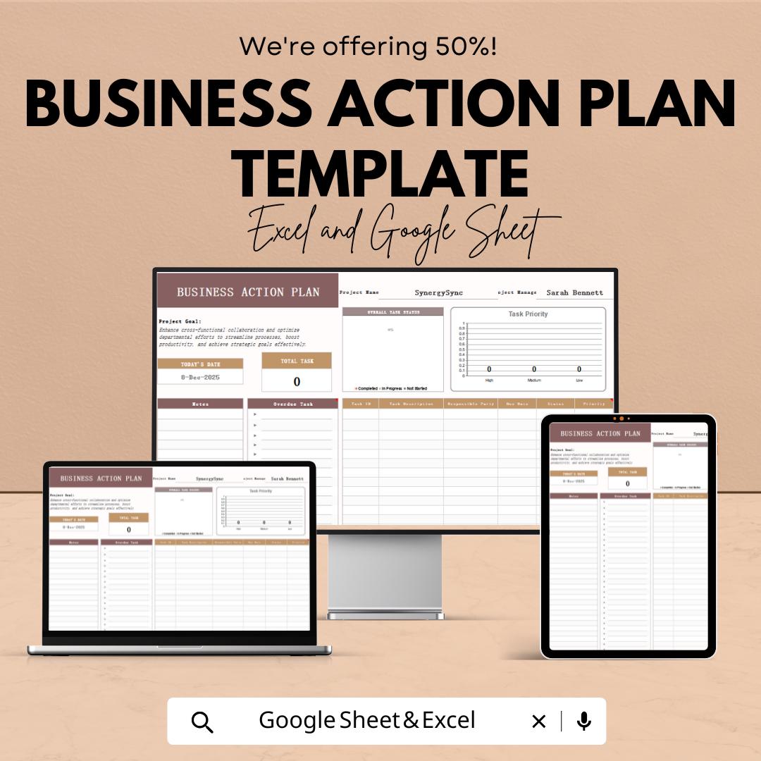 Business Action Plan Template | Project Planner | Task Management Spreadsheet | Goal Setting Template | Business Planner