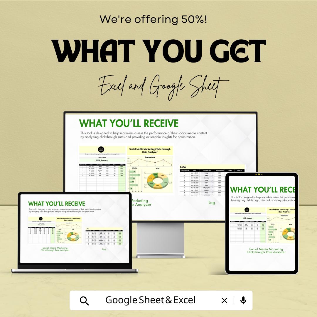 Social Media Marketing Click-through Rate Analyzer Template | CTR Tracker Spreadsheet | Click-through Rate Analyzer | Excel CTR Dashboard |