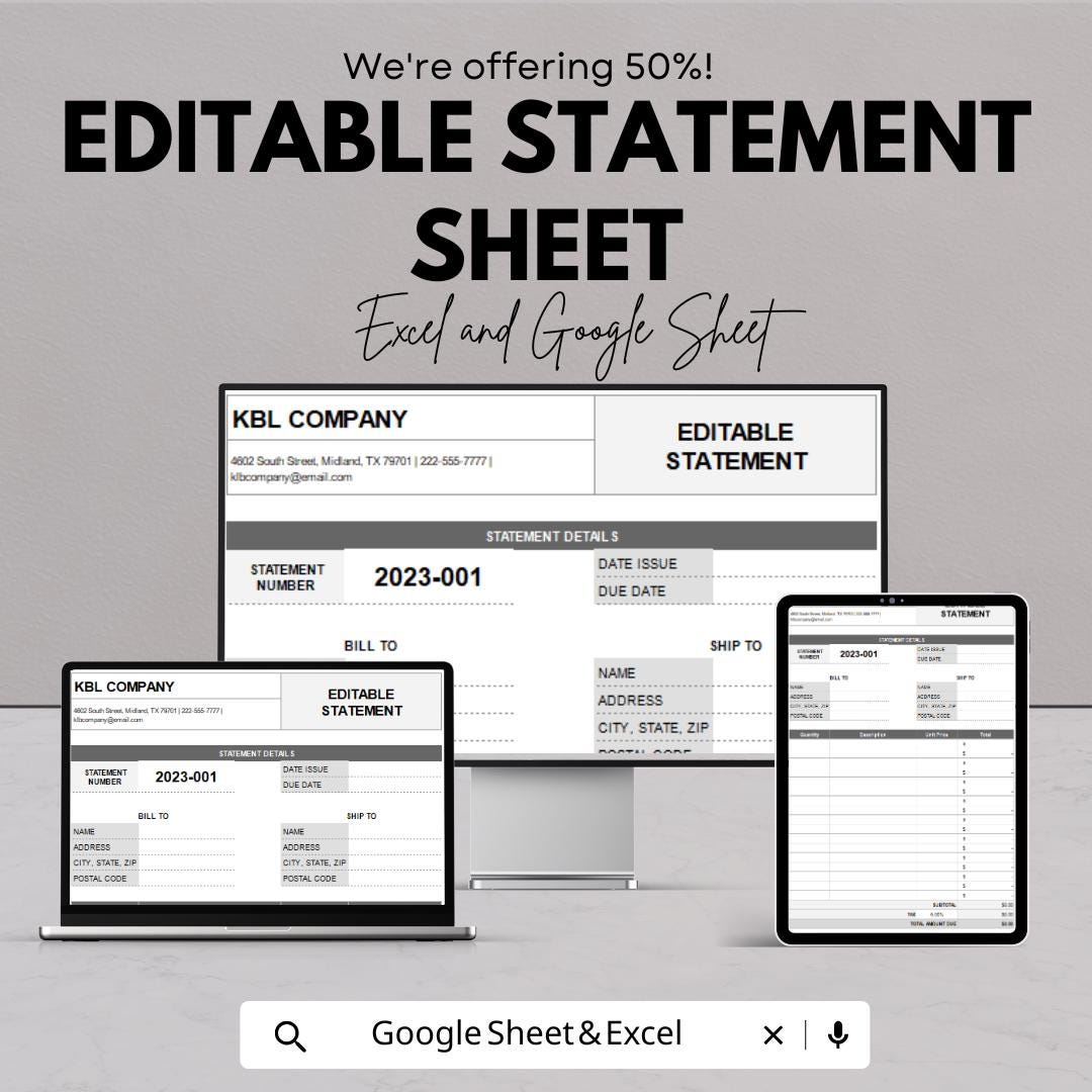 Editable Statement Sheet Template | Excel and Google Sheets | Business Statement Form | Billing & Finance Log | Digital Download