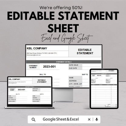 Editable Statement Sheet Template | Excel and Google Sheets | Business Statement Form | Billing & Finance Log | Digital Download